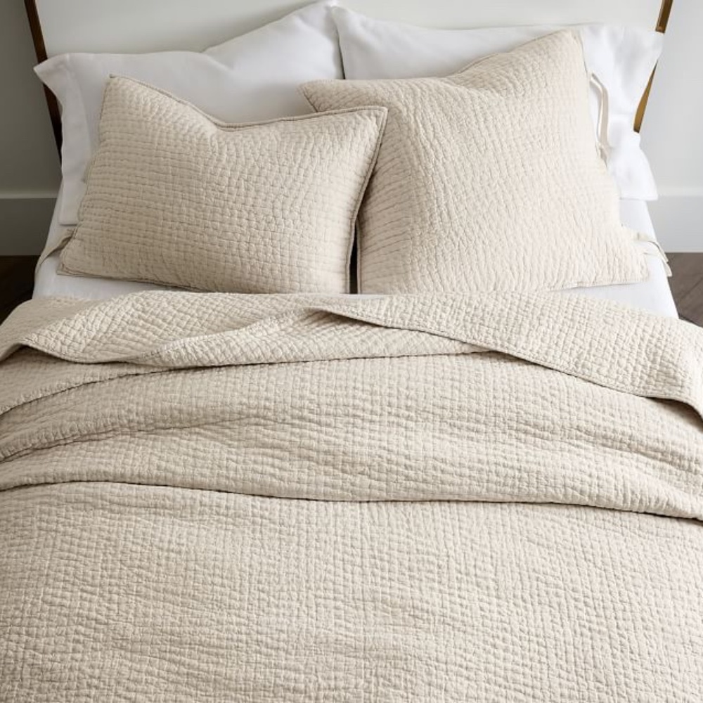 Pottery Barn Pick-Stitch handcrafted Cotton/Linen Quilt